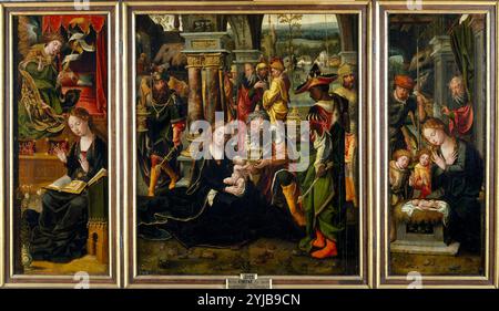 Pieter Coecke van Aelst / 'Annonciation, Adoration des Mages, Adoration des Anges et des bergers', milieu XVIe siècle, Ecole flamande, huile sur panneau, 81 cm x 127 cm, P02703. MUSÉE : MUSEO DEL PRADO, MADRID, ESPAGNE. Banque D'Images