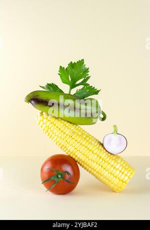 Équilibre des légumes sur la table. Équilibre équilibre alimentaire flottant équilibre de tomate, poivron, maïs, radis sur un jaune Banque D'Images