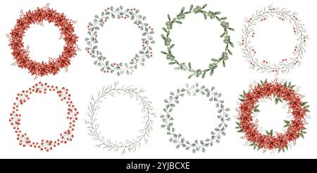Ensemble de couronnes dessinées à la main à l'aquarelle de Noël du nouvel an Illustration de Vecteur