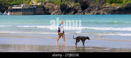 Une image panoramique d'un homme et de son chien marchant le long du rivage sur Towan Beach à Newquay en Cornouailles au Royaume-Uni. Banque D'Images