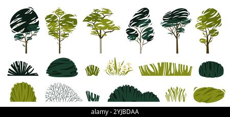 Plantes forestières à la mode de dessin animé. Plantes et arbres botaniques d'été, feuillage forestier tropical et arbustes de jardin, éléments floraux de la nature. Vecteur isolé Illustration de Vecteur