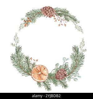 Couronne de Noël. Cadre circulaire avec plantes d'hiver et tranches d'orange sèches. Illustration botanique dessinée à la main de branches de sapin, eucalyptus, cônes de pin et Banque D'Images
