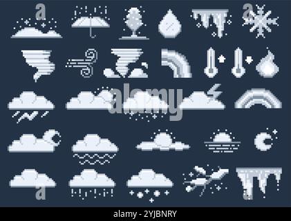 Symboles météo 8 bits. Icônes météo de jeu rétro, pluie et neige de nuage de soleil, prévisions météorologiques et indicateur climatique. Ensemble isolé de vecteur. Illustration de Vecteur