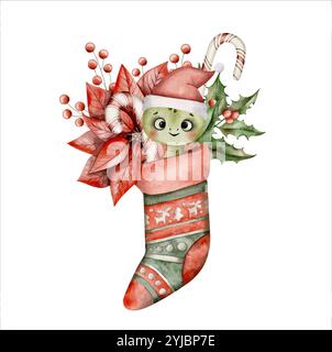 Nouvel an Noël illustration d'aquarelle dessinée à la main avec chaussette de noël, serpent mignon, cannes de caramel, poinsettia, branche de houx et branche avec berrie Illustration de Vecteur