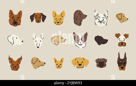 Têtes de chien de dessin animé. Icônes drôles de visage de chiot, animaux domestiques mignons têtes de différentes races, mascotte drôle de visage de chien. Collection isolée par vecteur Illustration de Vecteur