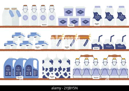 Produits laitiers sur les étagères. Intérieur de supermarché avec lait, beurre, fromage et yaourt sur les étagères du magasin. Emballage vectoriel de produits laitiers dans l'illustration en ligne Illustration de Vecteur