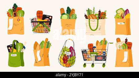 Sacs et paniers à provisions. Sacs en papier et en tissu en plastique pour l'épicerie, le supermarché et le magasin emballage avec des légumes et des produits laitiers. Ensemble isolé de vecteur Illustration de Vecteur