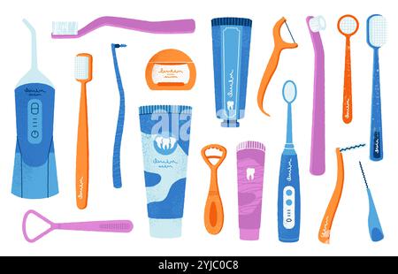 Outils d'hygiène dentaire. Dessins animés accessoires de nettoyage de la bouche, produits de soins des dents brosse dentifrice soie dentaire icônes de rince-bouche. Ensemble plat vectoriel Illustration de Vecteur
