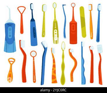 Outils de nettoyage pour brosses à dents. Brosse à dents manuelle et électrique de dessin animé avec pâte, hygiène buccale et hygiène buccale, concept de soins dentaires. Ensemble de vecteurs Illustration de Vecteur