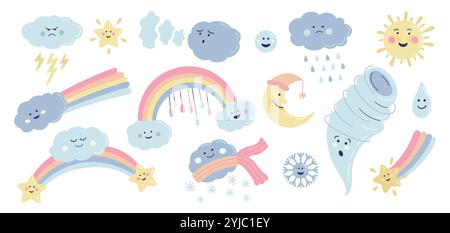 Personnages de dessins animés météo. Mignon nuage heureux et triste avec la pluie et le soleil, météorologie des icônes de prévisions météorologiques avec différentes émotions. Vecteur isolé Illustration de Vecteur