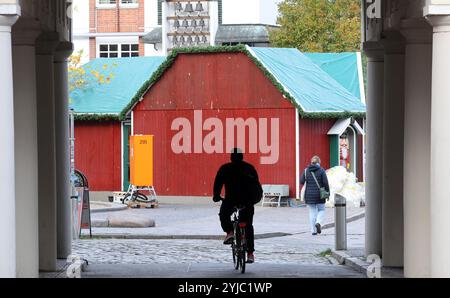 Rostock, Allemagne. 14 novembre 2024. Les premiers étals du marché de Noël sont installés sur la place de l'Université. Le marché de Noël de Rostock est considéré comme le plus grand du nord de l'Allemagne et ouvre du 25.11. Au 22.12.2024. Crédit : Bernd Wüstneck/dpa/Alamy Live News Banque D'Images