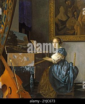 Une jeune femme assise au virginal, vers 1670, huile sur toile, 51,5 x 45,5 cm. Musée : NATIONAL GALLERY, LONDRES, Royaume-Uni. Auteur : JOHANNES VERMEER. Banque D'Images