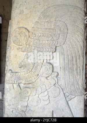 Détail de la stèle de pierre 31, est le monument de l'accession de Siyaj Chan K'awiil II, portant également deux portraits de son père, Yax Nuun Ayiin, en tant que jeune habillé en guerrier Teotihuacan. Il porte un lanceur dans une main et porte un bouclier orné du visage de Tlaloc, le Dieu de la guerre Teotihuacan, période maya, originaire de Tikal, Guatemala. Banque D'Images