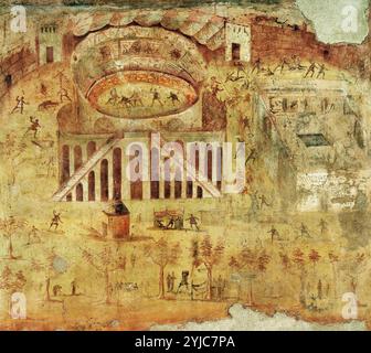 Amphithéâtre montrant des bagarres entre les gens de Pompéi et Nuceria ad 59, détail de la fresque du péristyle Regio i Insula, peinture sur plâtre. MUSÉE : MUSÉE ARCHÉOLOGIQUE, BERLIN, ITALIE. Banque D'Images