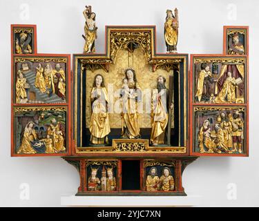 École allemande XVIe siècle, retable avec vie de Vierge Marie en bois doré et polychrome, 1370. Musée : Musée Suermondt, AQUISGRAN, ALLEMAGNE. Banque D'Images