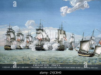 La frégate danoise Freya commandée par le capitaine Krabbe bombarde la flotte anglaise 25.7,1800. Musée : Sofarts Museum, KRONBORG, DANEMARK. Banque D'Images