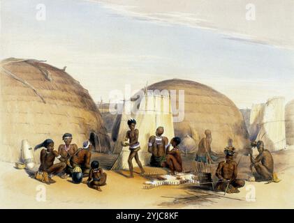 En scène au kraal zoulou de Umlazi G.F.Mine. Image tirée du Kafirs illustré, 1849. Banque D'Images