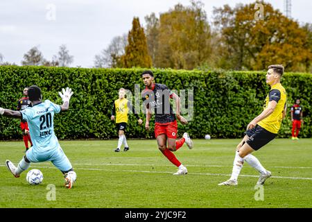ZUNDERT, pays-Bas. 14 novembre 2024. Football, Midglas Traingcentre, Néerlandais eredivisie, saison 2024/2025, pendant le match NAC - Excelsior (frendly), le transporteur NAC Breda Kacper Kostorz marque le 3-0 Credit : Pro Shots/Alamy Live News Banque D'Images