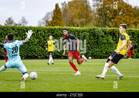 ZUNDERT, pays-Bas. 14 novembre 2024. Football, Midglas Traingcentre, Néerlandais eredivisie, saison 2024/2025, pendant le match NAC - Excelsior (frendly), le transporteur NAC Breda Kacper Kostorz marque le 3-0 Credit : Pro Shots/Alamy Live News Banque D'Images