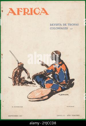 Portada de la revista de tropas coloniales África, dirigida por Francisco Franco Bahamonde. Saltimbanqui africano. Editada en Ceuta, septiembre de 1927. Auteur : Mariano Bertuchi. Banque D'Images