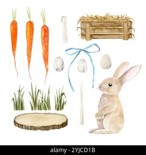 Ensemble aquarelle avec lapin, carotte, arbre coupé, oeufs, bougies, boîte en bois avec paille, herbe et arc Banque D'Images