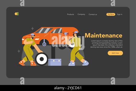 Concept de service de réparation automobile. Mécaniciens travaillant sur l'entretien et la réparation des véhicules. Travail d'équipe dans la scène d'atelier de voiture. Illustration vectorielle. Illustration de Vecteur