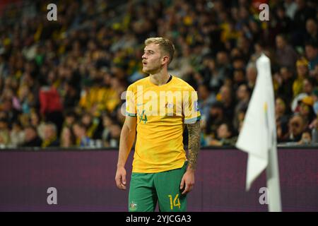 MELBOURNE, AUSTRALIE. 14 novembre 2024. Sur la photo : Riley McGree de l'Australie lors du Groupe C Australie vs Arabie Saoudite AFC World Cup Qualifiers 3ème tour au stade rectangulaire de Melbourne à AAMI Park le 14 novembre 2024. Crédit : Karl Phillipson/Alamy Live News Banque D'Images