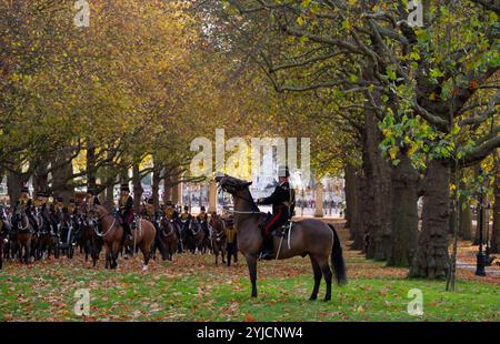 The Green Park, Londres, Royaume-Uni. 14 novembre 2024. Belles couleurs d’automne dans le Green Park alors que la troupe du roi Royal Horse Artillery se prépare à tirer un salut célébratif de 41 armes à feu à midi pour l’anniversaire de sa Majesté le roi. Crédit : Malcolm Park/Alamy Live News Banque D'Images