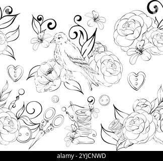 Outils de couture vintage, fleurs et oiseau. Ciseaux, aiguilles, bobine de fil et boutons. Modèle sans couture romantique, fond. Artisanat dans rétro Illustration de Vecteur
