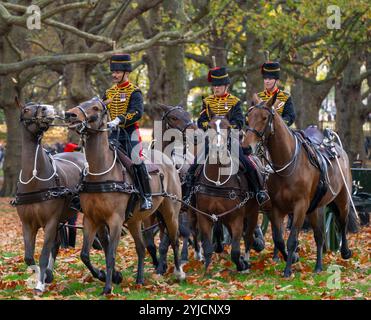 The Green Park, Londres, Royaume-Uni. 14 novembre 2024. Belles couleurs d’automne dans le Green Park alors que la troupe du roi Royal Horse Artillery se prépare à tirer un salut célébratif de 41 armes à feu à midi pour l’anniversaire de sa Majesté le roi. Crédit : Malcolm Park/Alamy Live News Banque D'Images