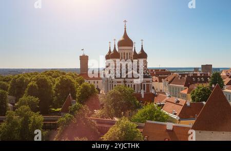 La partie supérieure du vieux Tallinn avec l'église Alexander Nevsky et le Pikk Hermann. Banque D'Images