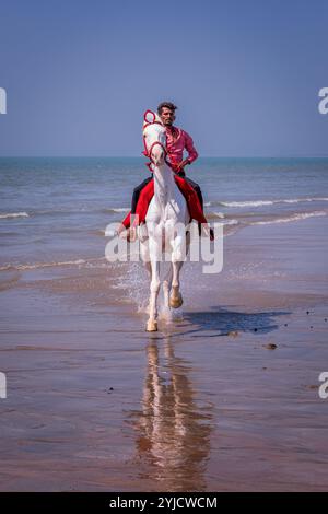 Homme à cheval sur la plage de Mandvi, Gujarat, Inde Banque D'Images