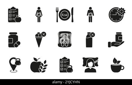 Ensemble d'icônes Silhouette de nutrition, perte de poids et bien-être, y compris suppléments, Fitness, alimentation saine et habitudes glyphe signe. Vecteur isolé Illustration de Vecteur