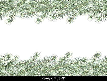 Modèle horizontal de carte de Noël avec branches de sapin. Illustration isolée d'aquarelle dessinée à la main sur fond blanc avec un espace vide pour le texte, A4. Pour le modèle de cartes de vœux du nouvel an. Banque D'Images