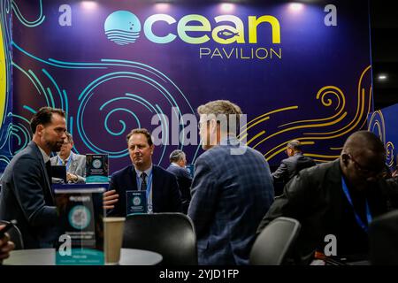 Bakou, Azerbaïdjan, 14 novembre 2024. Les participants se mettent en réseau dans le Pavillon Océan lors de la COP29 de la Conférence des Nations Unies sur les changements climatiques, un événement organisé par la CCNUCC au stade olympique de Bakou. La COP29, qui se déroulera à partir de novembre 11-22, se concentre sur les marchés du carbone et le financement de la durabilité et de l’atténuation. Crédit : Dominika Zarzycka/Alamy Live News. Banque D'Images