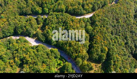 Route de campagne pittoresque avec des courbes serrées, coupant à travers le feuillage d'automne vibrant par une journée ensoleillée. Banque D'Images