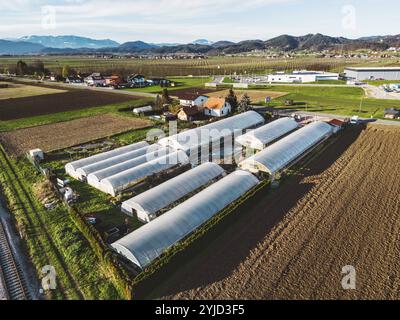 Vue aérienne sur le centre de jardin dans la campagne. Champs agricoles en dessous. Vie côté campagne Banque D'Images