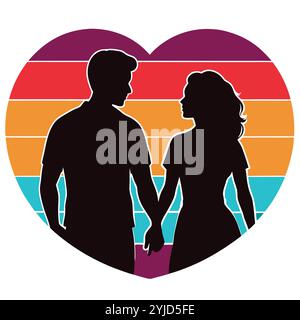 Un couple tenant les mains dans une forme de coeur Silhouette sur fond rétro Vintage Vector Art illustration T-shirt Design Illustration de Vecteur