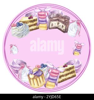 Cadre rond aquarelle dessiné à la main avec cupcake, gâteau, biscuits, baies. Modèle pour invitations, cartes, anniversaire, mariage, cartes de voeux. Peut être utilisé Banque D'Images