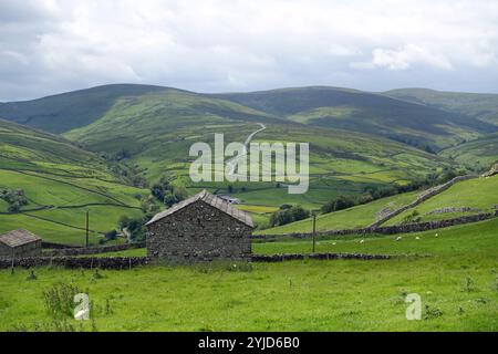 Old Stone Barn et Buttertubs Pass Road depuis Pennine Way Path près de Thwaite à Swaledale, dans le parc national des Yorkshire Dales. Angleterre. ROYAUME-UNI. Banque D'Images