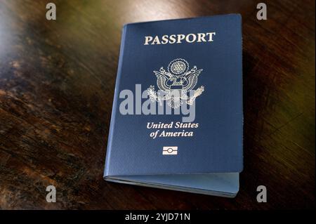 Livre de passeport bleu citoyen imprimé avec le symbole de couleur or et les mots United States of America sur la page de couverture placée sur l'étagère en bois réfléchissant la lumière Banque D'Images