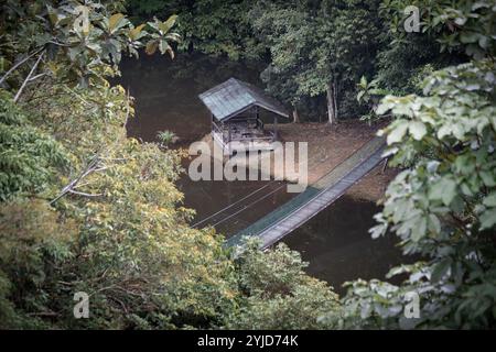 Belle nature de la forêt tropicale Bornéo pont suspendu sur le lac et une cabane en bois Sandakan Malaisie Banque D'Images