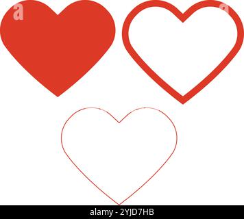 Ensemble de coeurs rouges dans trois styles différents : cœur rouge solide, cœur épais et cœur clair, le tout sur un fond blanc propre. Illustration de Vecteur