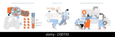 Ensemble d'illustrations pour la journée du donneur de sang. Contenu pédagogique sur les composants sanguins et le don. Sensibilisation à la Journée mondiale du don de sang et centres mobiles de don. Illustration vectorielle. Illustration de Vecteur