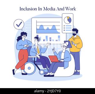 Inclusion dans Media and Work concept. Des professionnels diversifiés qui s'engagent dans un espace de travail collaboratif avec des fonctionnalités d'accessibilité. Illustration vectorielle. Illustration de Vecteur