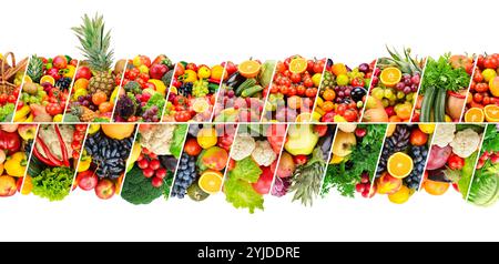 Fruits, légumes et baies séparés par des lignes inclinées isolées sur fond blanc. Banque D'Images