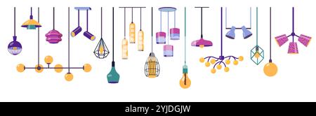 Lampes suspendues. Plafonnier moderne avec différents abat-jour, décoration électrique créative de la pièce à la maison, équipement d'éclairage contemporain Illustration de Vecteur