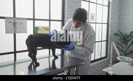 Une jeune femme hispanique vétérinaire examine un bouledogue français dans une clinique vétérinaire moderne avec de grandes fenêtres et des affiches anatomiques sur les murs. Banque D'Images