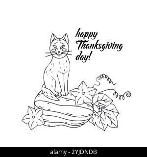 Carte de voeux de Thanksgiving avec chat mignon et citrouille et texte joyeux jour de Thanksgiving Illustration de Vecteur