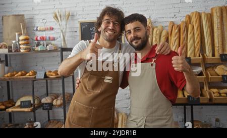 Deux hommes souriants dans des tabliers donnent les pouces vers le haut dans un intérieur de boulangerie avec un affichage de divers pains et pâtisseries. Banque D'Images